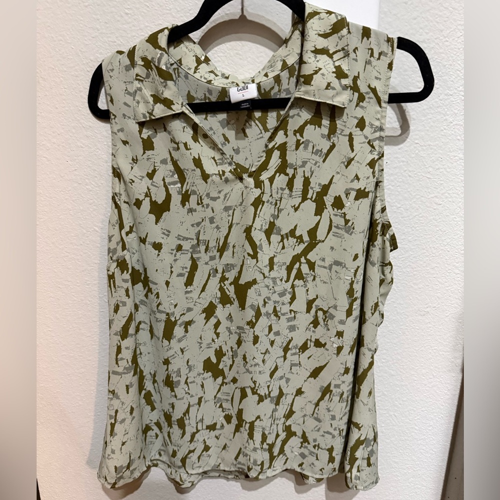 CAbi Olive and Cream Patterned Blouse